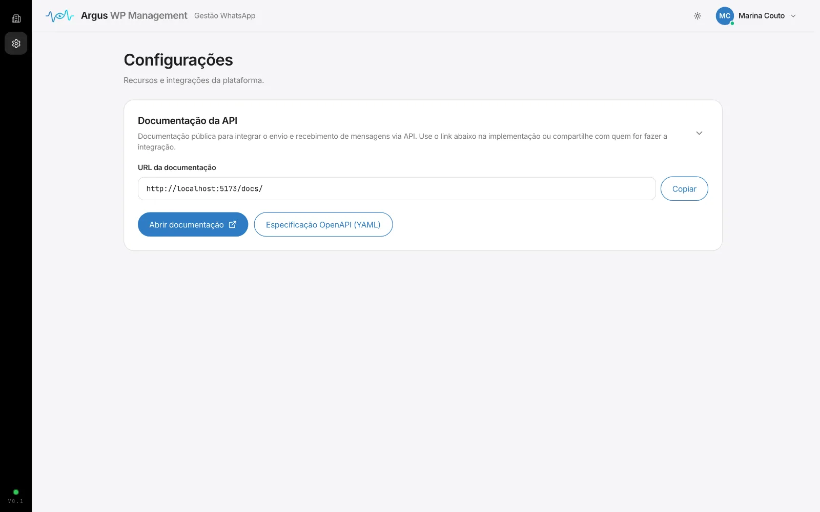 Configurações com o link da documentação da API.