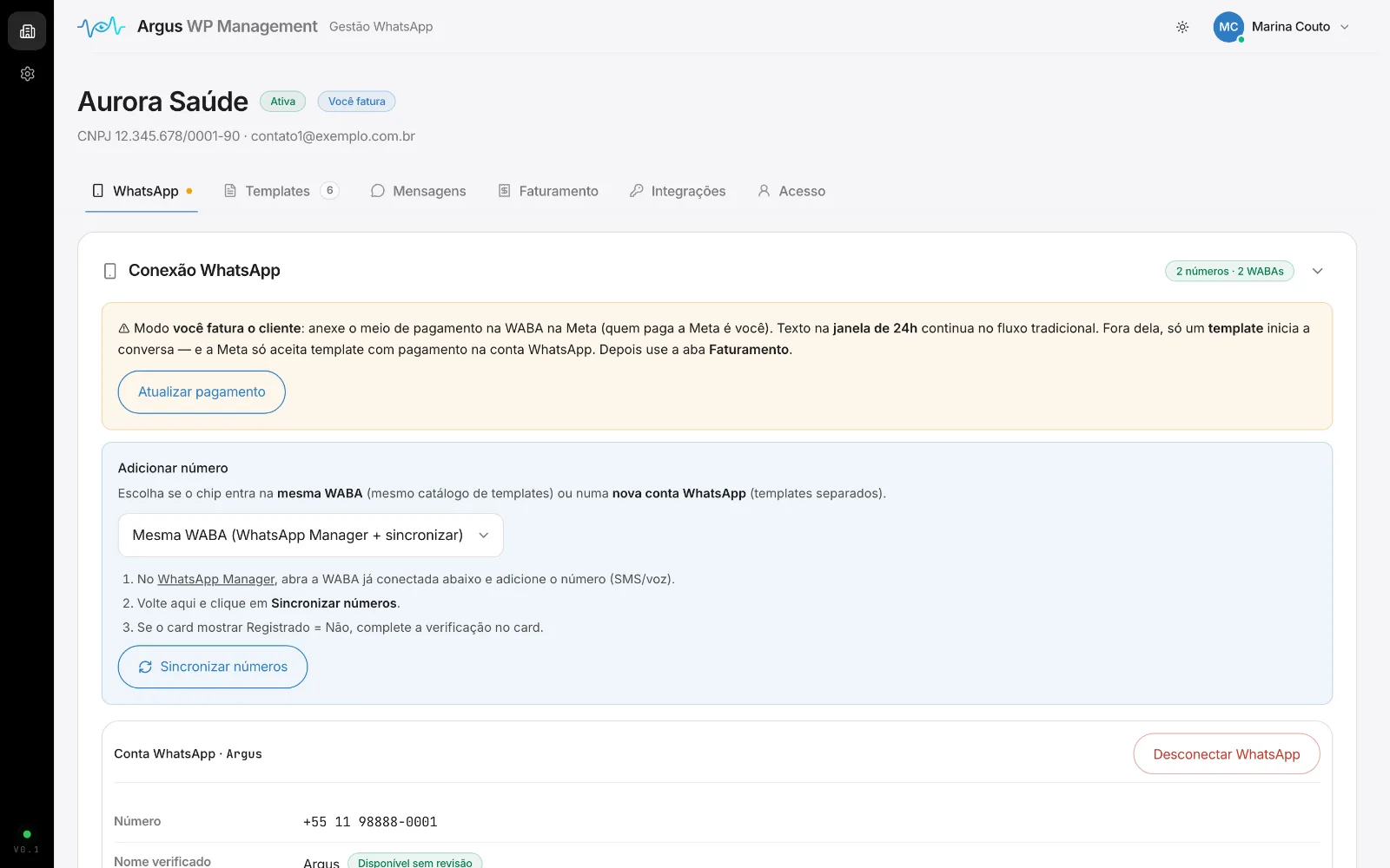Lista de empresas: status do onboarding, CNPJ e modo de cobrança.